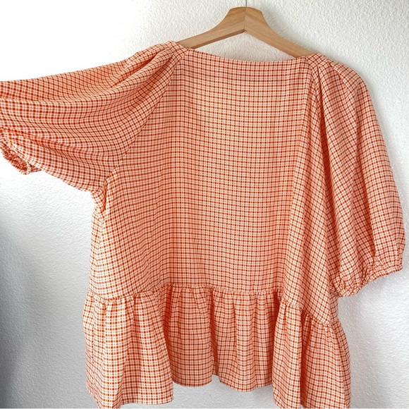 Lauren Conrad V Neck Cropped Ruffled Blouse XXL Orange Button Down Peplum Flowy - Picture 12 of 16